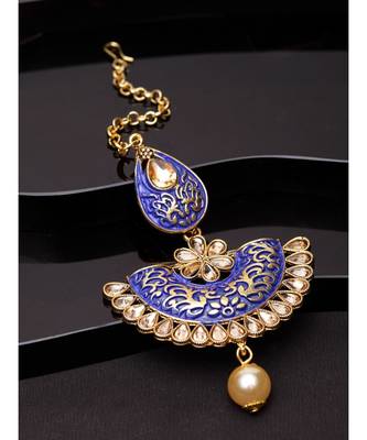 Gold Plated & Blue Stone Studded Enameled Hand Painted Traditional Maang Tikka Onesize Blue 1