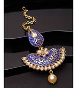 Gold Plated & Blue Stone Studded Enameled Hand Painted Traditional Maang Tikka Onesize Blue