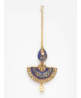 Gold Plated & Blue Stone Studded Enameled Hand Painted Traditional Maang Tikka Onesize Blue 2
