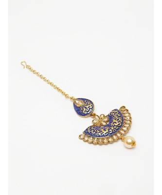 Gold Plated & Blue Stone Studded Enameled Hand Painted Traditional Maang Tikka Onesize Blue 3