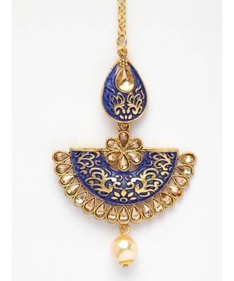 Gold Plated & Blue Stone Studded Enameled Hand Painted Traditional Maang Tikka Onesize Blue 4