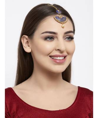 Gold Plated & Blue Stone Studded Enameled Hand Painted Traditional Maang Tikka Onesize Blue 6