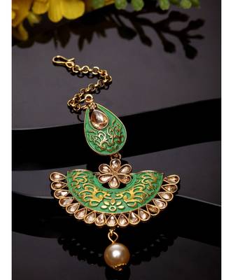 Gold Plated & Green Stone Studded Enameled Hand Painted Maang Tikka Onesize Green 1
