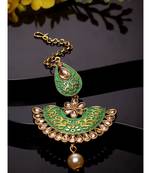 Gold Plated & Green Stone Studded Enameled Hand Painted Maang Tikka Onesize Green