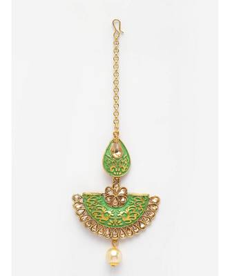 Gold Plated & Green Stone Studded Enameled Hand Painted Maang Tikka Onesize Green 2