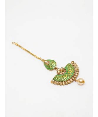 Gold Plated & Green Stone Studded Enameled Hand Painted Maang Tikka Onesize Green 3
