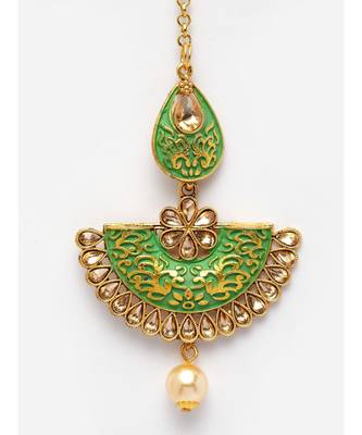 Gold Plated & Green Stone Studded Enameled Hand Painted Maang Tikka Onesize Green 4