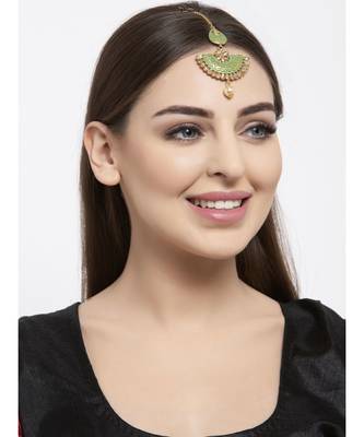 Gold Plated & Green Stone Studded Enameled Hand Painted Maang Tikka Onesize Green 6