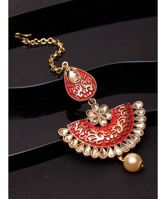 Gold Plated & Coral Red Stone Studded Enameled Hand Painted Traditional Maang Tikka Onesize Coral 1