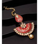 Gold Plated & Coral Red Stone Studded Enameled Hand Painted Traditional Maang Tikka Onesize Coral