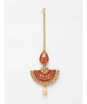 Gold Plated & Coral Red Stone Studded Enameled Hand Painted Traditional Maang Tikka Onesize Coral 2