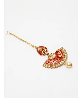 Gold Plated & Coral Red Stone Studded Enameled Hand Painted Traditional Maang Tikka Onesize Coral 3
