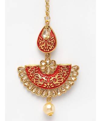 Gold Plated & Coral Red Stone Studded Enameled Hand Painted Traditional Maang Tikka Onesize Coral 4