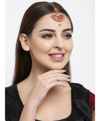 Gold Plated & Coral Red Stone Studded Enameled Hand Painted Traditional Maang Tikka Onesize Coral 5