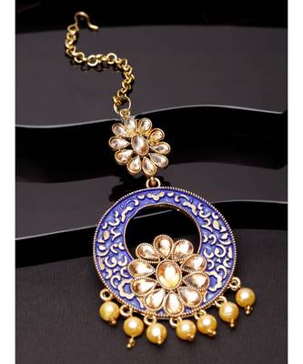 Gold Plated & Blue Stone Studded Enameled Hand Painted Traditional Maang Tikka Onesize Blue 1