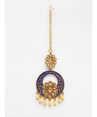Gold Plated & Blue Stone Studded Enameled Hand Painted Traditional Maang Tikka Onesize Blue 2