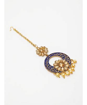 Gold Plated & Blue Stone Studded Enameled Hand Painted Traditional Maang Tikka Onesize Blue 3