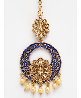 Gold Plated & Blue Stone Studded Enameled Hand Painted Traditional Maang Tikka Onesize Blue 4