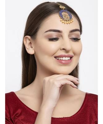 Gold Plated & Blue Stone Studded Enameled Hand Painted Traditional Maang Tikka Onesize Blue 6