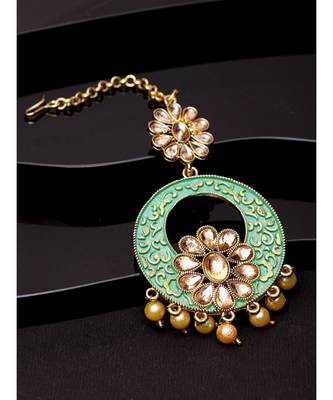 Gold Plated & Green Stone & Beads Embellishded Enamelled Maang Tikka Onesize Gold 1