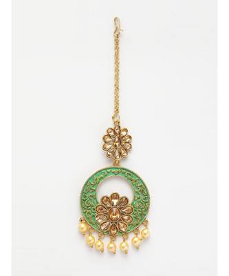 Gold Plated & Green Stone & Beads Embellishded Enamelled Maang Tikka Onesize Gold 2