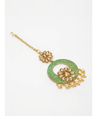 Gold Plated & Green Stone & Beads Embellishded Enamelled Maang Tikka Onesize Gold 3