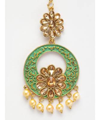 Gold Plated & Green Stone & Beads Embellishded Enamelled Maang Tikka Onesize Gold 4