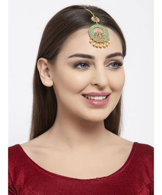 Gold Plated & Green Stone & Beads Embellishded Enamelled Maang Tikka Onesize Gold 5
