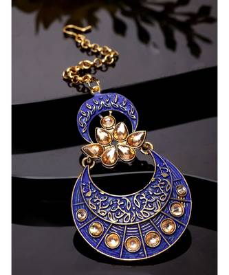 Gold Plated & Blue Enamelled Stone  Studded Maang tikka Onesize Gold 1