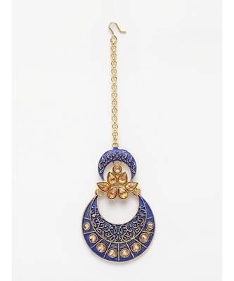Gold Plated & Blue Enamelled Stone  Studded Maang tikka Onesize Gold 2