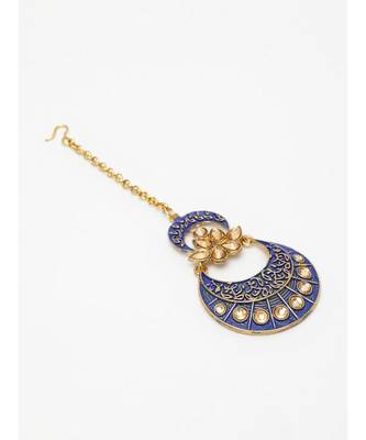 Gold Plated & Blue Enamelled Stone  Studded Maang tikka Onesize Gold 3