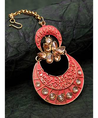 Gold Plated & Pink Stone Studded Enameled Hand Painted Traditional Maang Tikka Onesize Pink 1