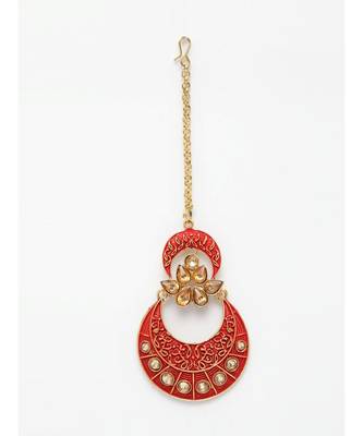 Gold Plated & Pink Stone Studded Enameled Hand Painted Traditional Maang Tikka Onesize Pink 2