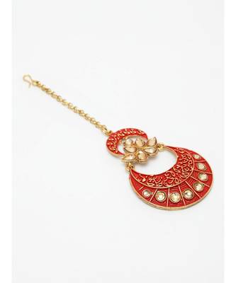 Gold Plated & Pink Stone Studded Enameled Hand Painted Traditional Maang Tikka Onesize Pink 3