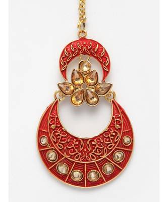 Gold Plated & Pink Stone Studded Enameled Hand Painted Traditional Maang Tikka Onesize Pink 4