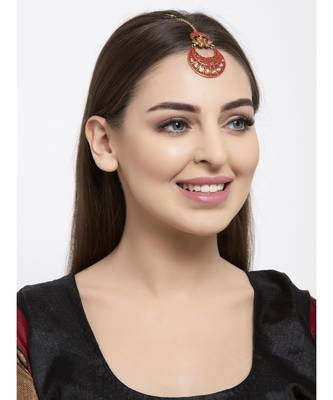 Gold Plated & Pink Stone Studded Enameled Hand Painted Traditional Maang Tikka Onesize Pink 6