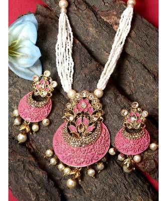 Women Gold Plated Pink & White Stone Studded Pearl Temple Jewellery Set 1