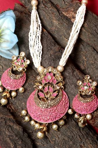 Women Gold Plated Pink & White Stone Studded Pearl Temple Jewellery Set