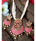 Women Gold Plated Pink & White Stone Studded Pearl Temple Jewellery Set