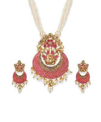 Women Gold Plated Pink & White Stone Studded Pearl Temple Jewellery Set 2