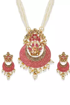 Women Gold Plated Pink & White Stone Studded Pearl Temple Jewellery Set
