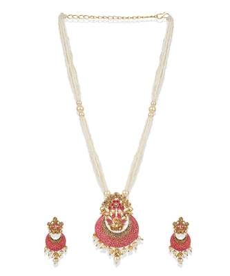 Women Gold Plated Pink & White Stone Studded Pearl Temple Jewellery Set 3