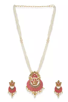 Women Gold Plated Pink & White Stone Studded Pearl Temple Jewellery Set