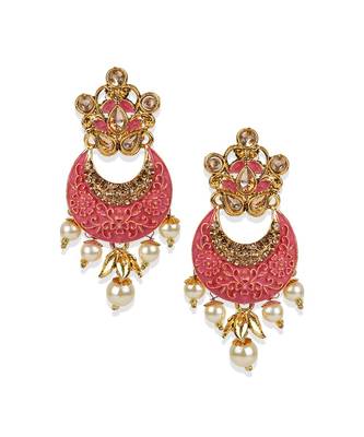 Women Gold Plated Pink & White Stone Studded Pearl Temple Jewellery Set 4