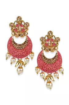 Women Gold Plated Pink & White Stone Studded Pearl Temple Jewellery Set