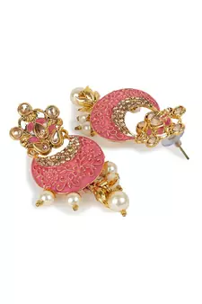 Women Gold Plated Pink & White Stone Studded Pearl Temple Jewellery Set