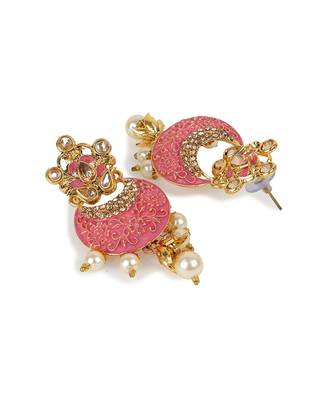 Women Gold Plated Pink & White Stone Studded Pearl Temple Jewellery Set 6