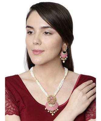 Women Gold Plated Pink & White Stone Studded Pearl Temple Jewellery Set 7