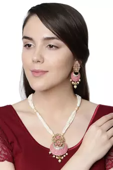 Women Gold Plated Pink & White Stone Studded Pearl Temple Jewellery Set