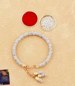Designer Silver Bracelet Kada  Bhabhi Rakhi  With Roli  Chawal And Raksha Bandhan Greeting Card